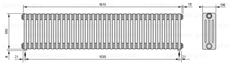 Схема (чертеж) Радиатор Zehnder Charleston 4055/35 №5310 Белый глянцевый RAL 9016